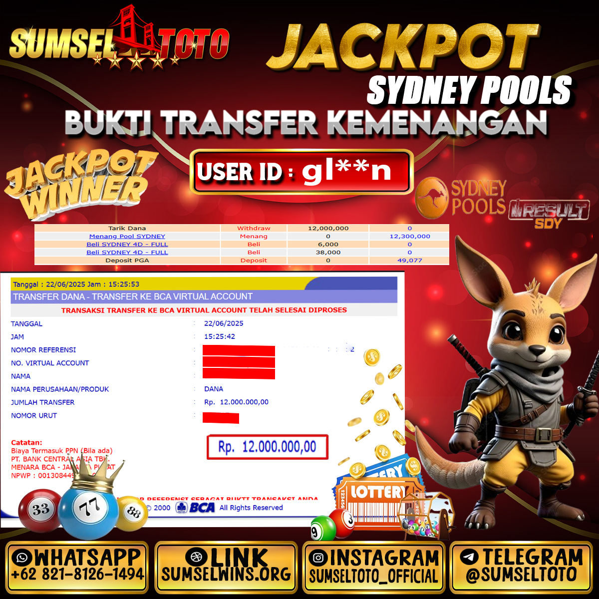 SUMSELTOTO JACKPOT SYDNEY LOTTO Rp.12.000.000.,- LUNAS